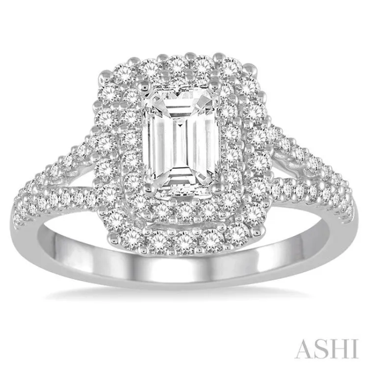 1 1/6 Ctw Diamond Engagement Ring with 1/2 Ct Octagon Shaped Center stone in 14K White Gold