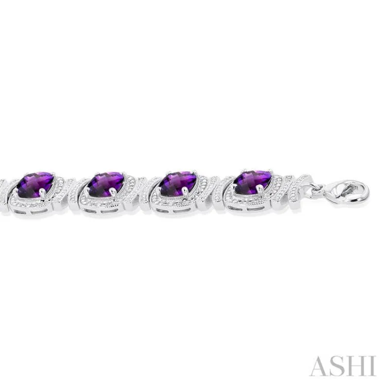 1/10 ctw Cushion Shape 7X7 MM Amethyst and Round Cut Diamond Semi Precious Bracelet in Sterling Silver