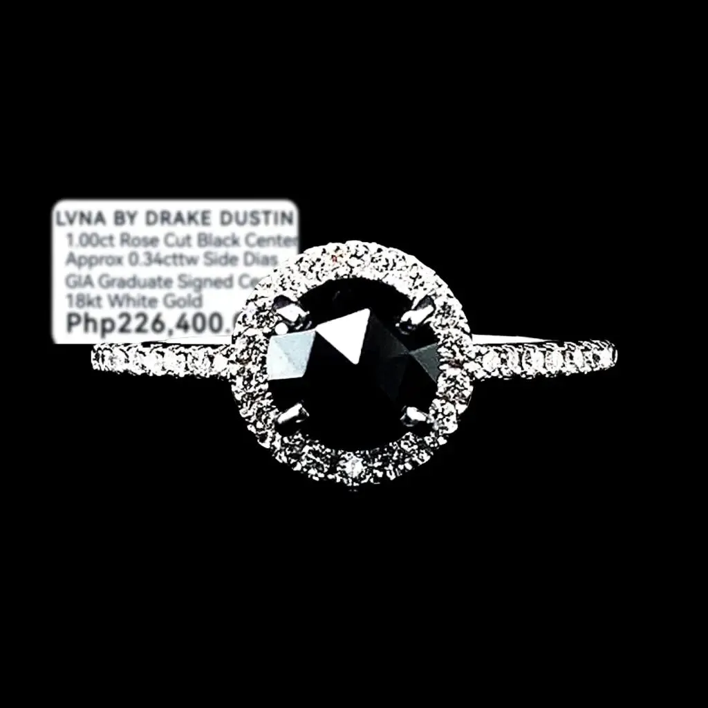 1.34ct Black Colored Rosecut Diamond Halo Paved Diamond Engagement Ring 18kt