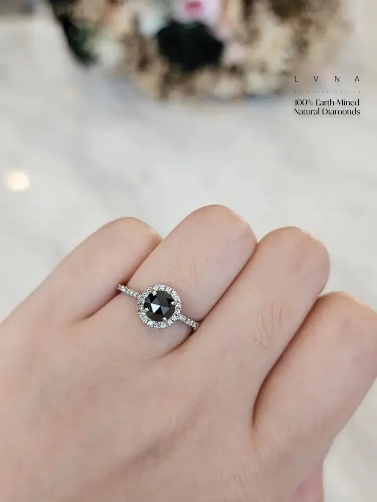 1.34ct Black Colored Rosecut Diamond Halo Paved Diamond Engagement Ring 18kt