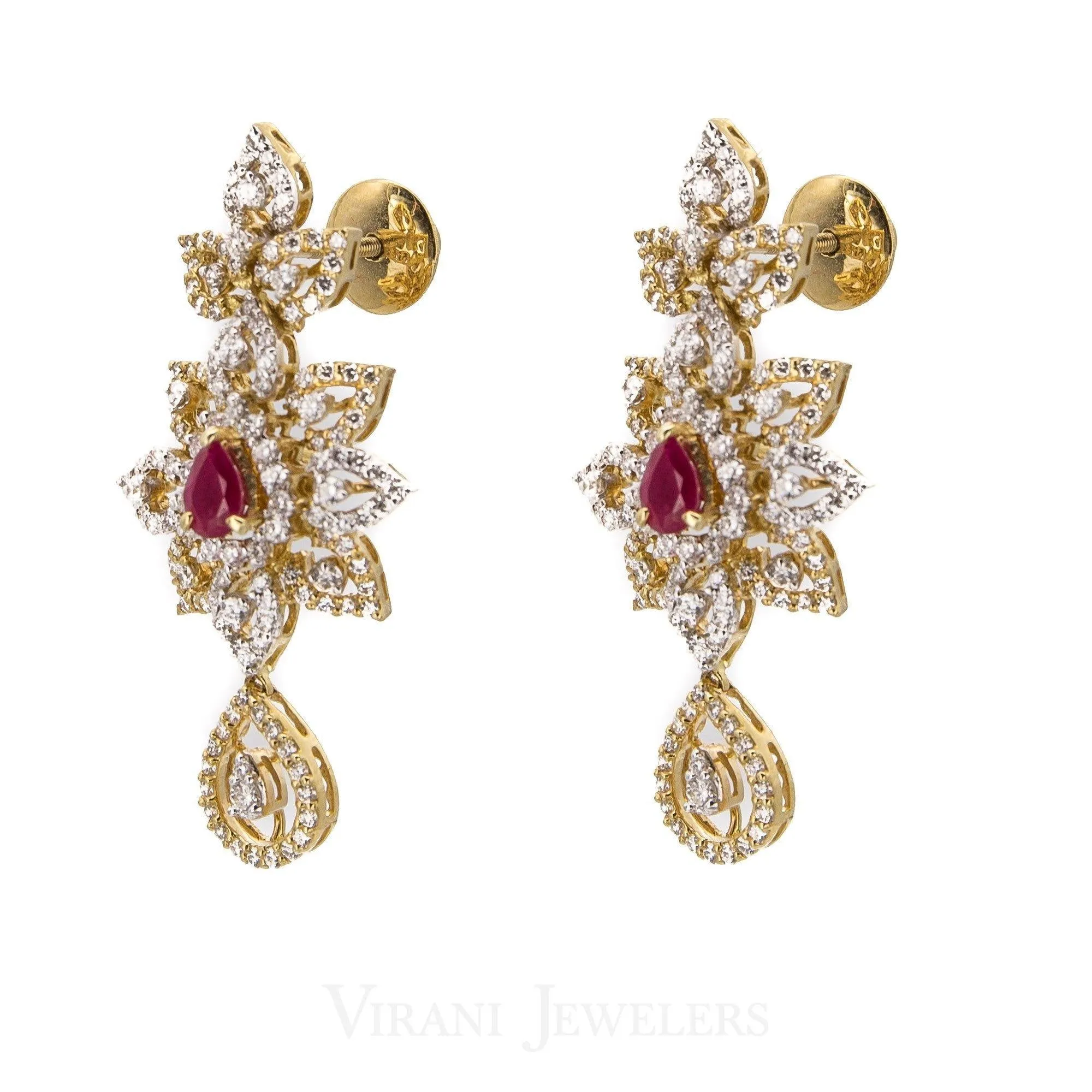 14.73CT Diamond Necklace and Earrings in 18K Yellow Gold W/ Floral Frame & Centered Ruby