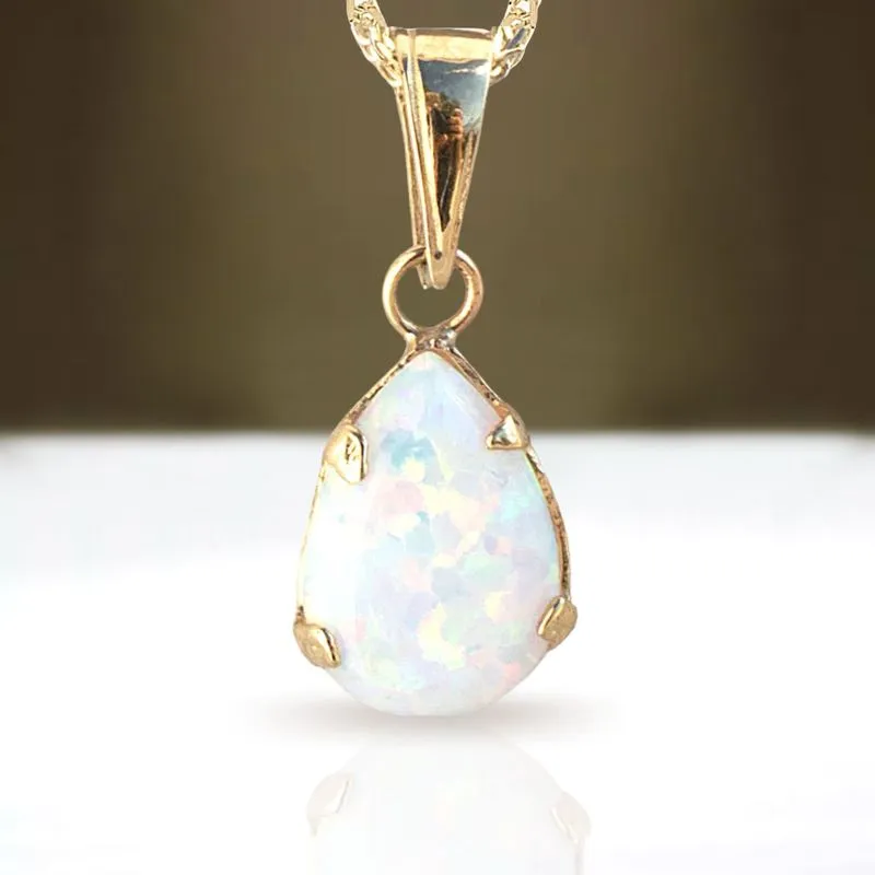 14K Gold Opal Pendant, 7x10mm, October Birthstone Necklace