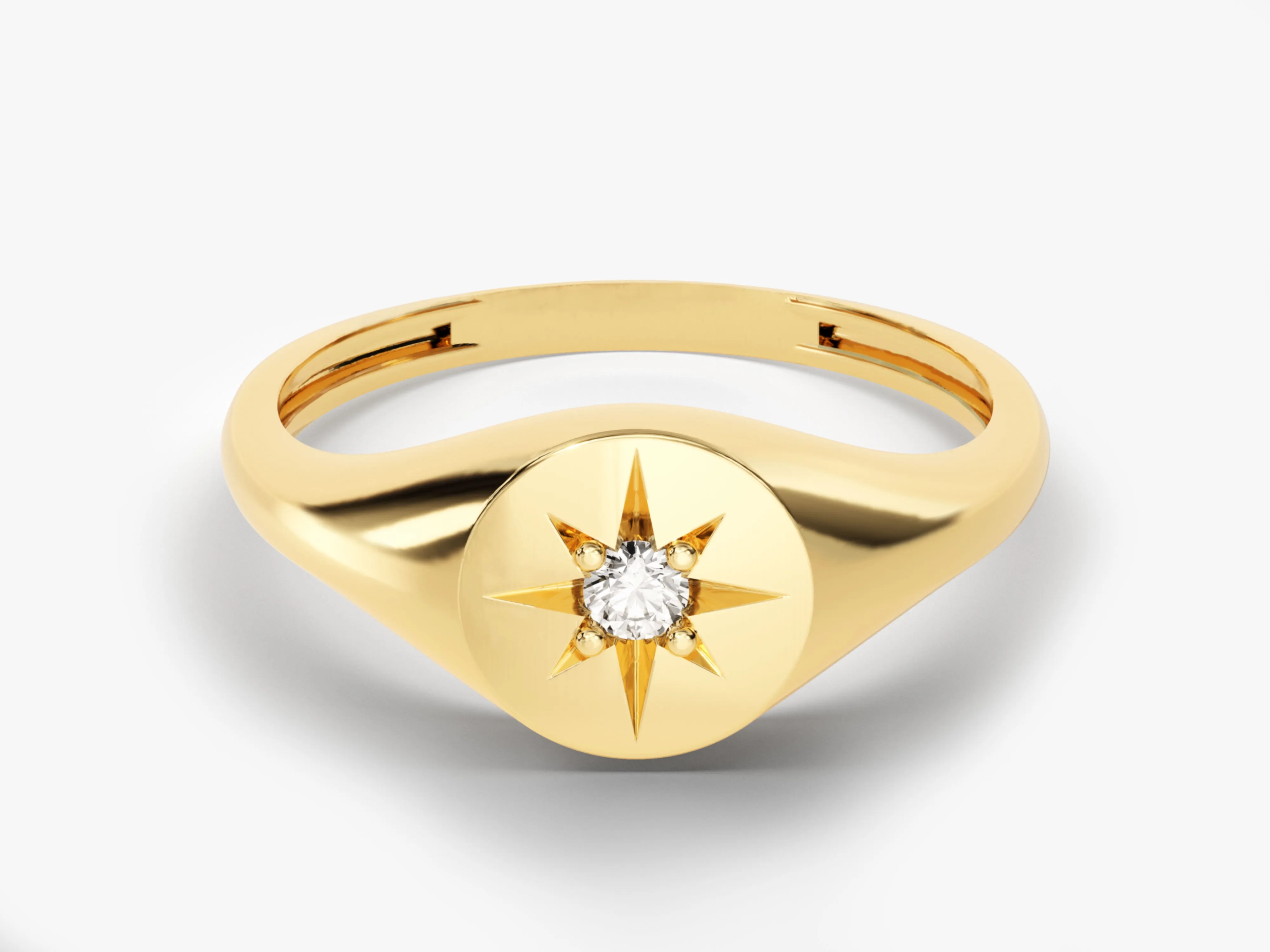 14k Solid Gold Diamond Star Signet Ring