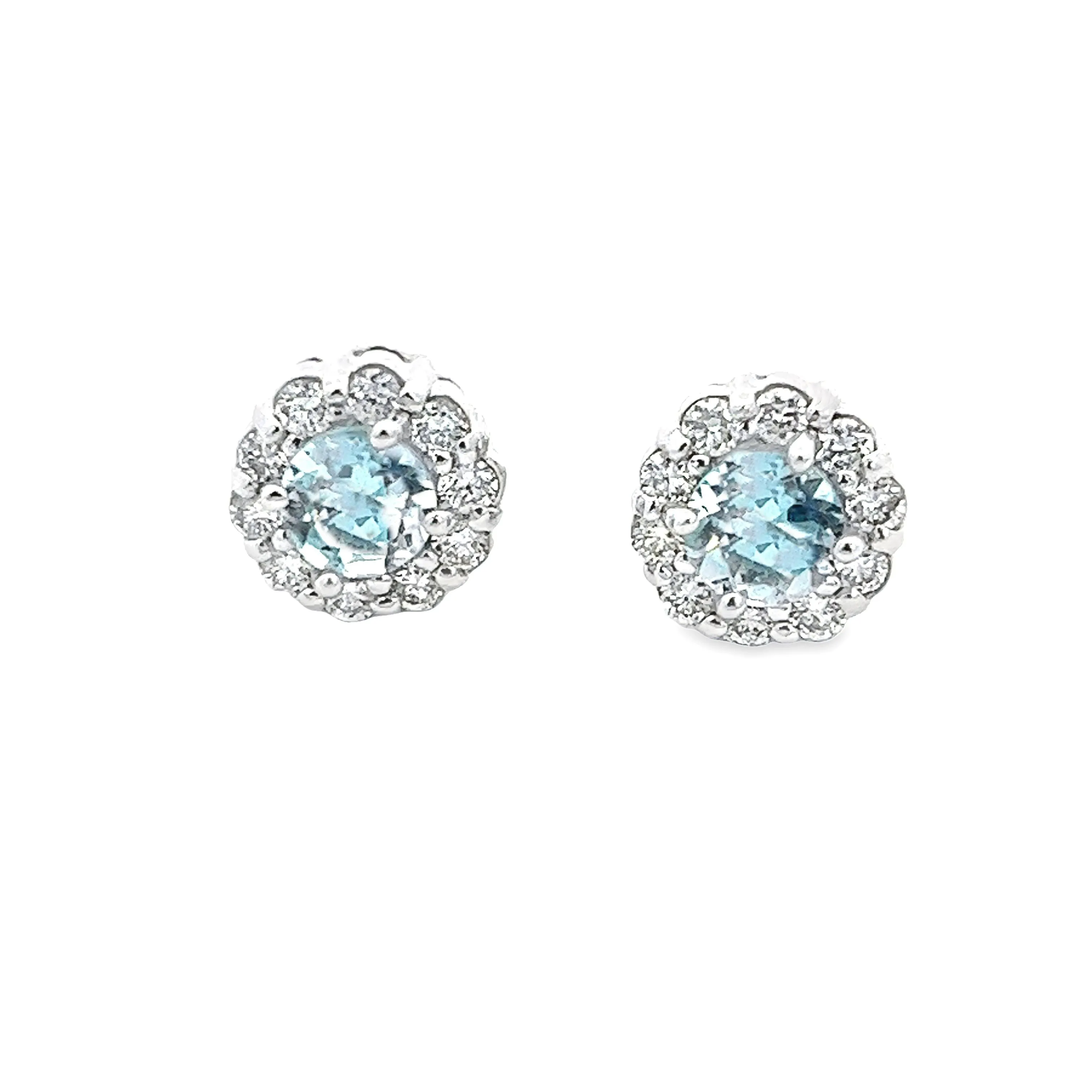 14k White Gold Diamond & Aquamarine Stud Earrings