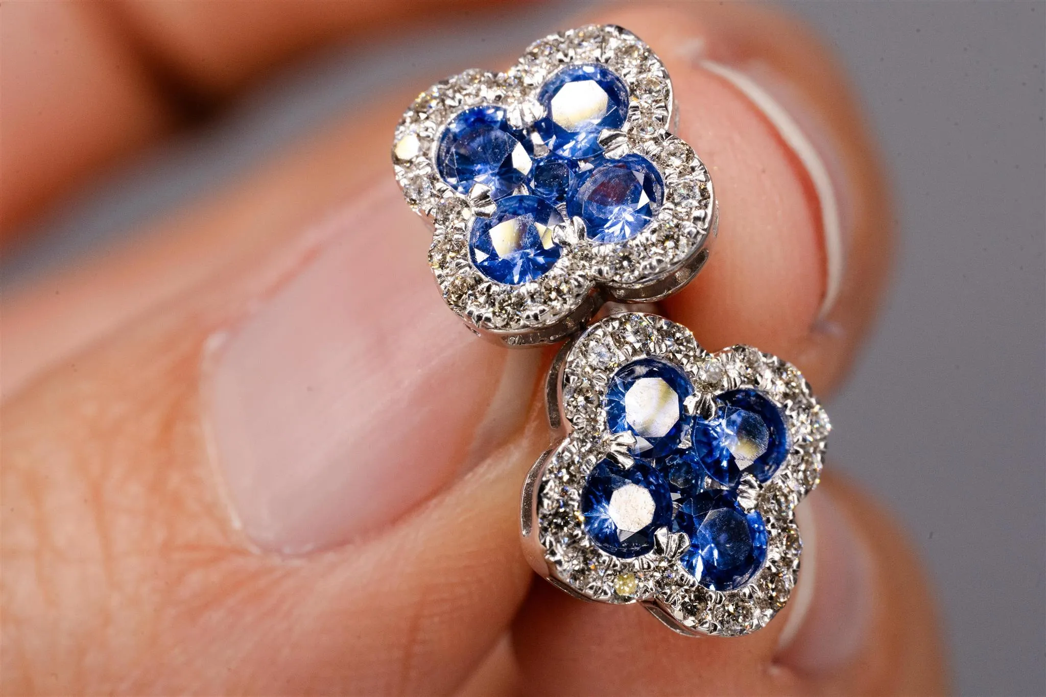 14K White Gold Diamond and Blue Sapphire Clover Stud Earrings