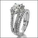 14K White Gold Matching Set .85 Center Round CZ Engagement Ring with Wedding Band