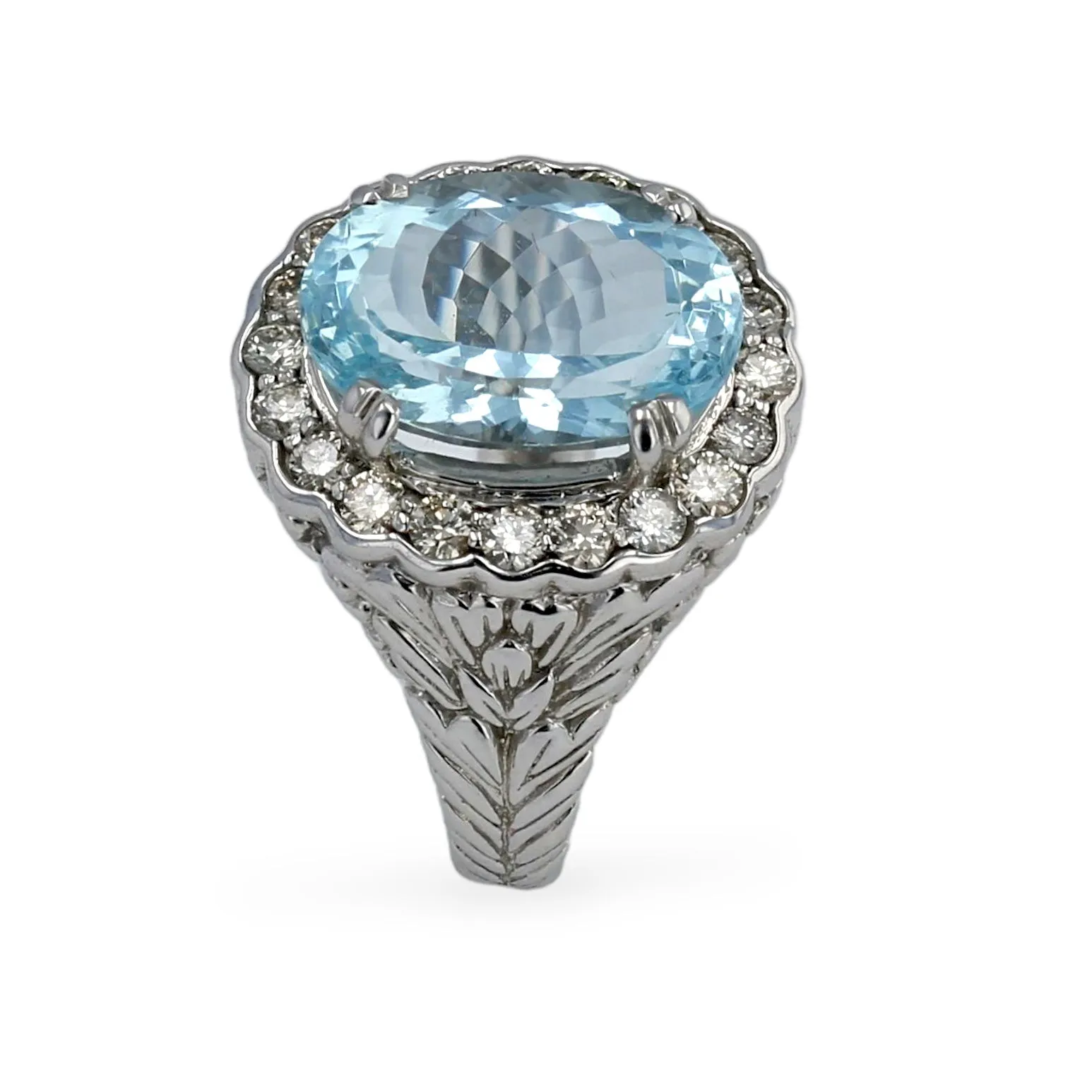 14K White gold oval floral aquamarine with diamonds ring