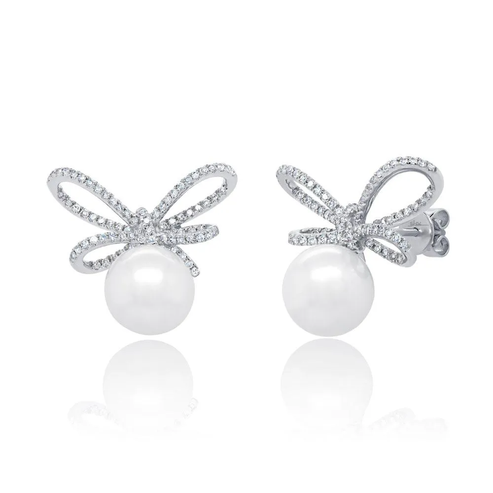 14k White Gold Pearl & Diamond Bow Stud Earrings