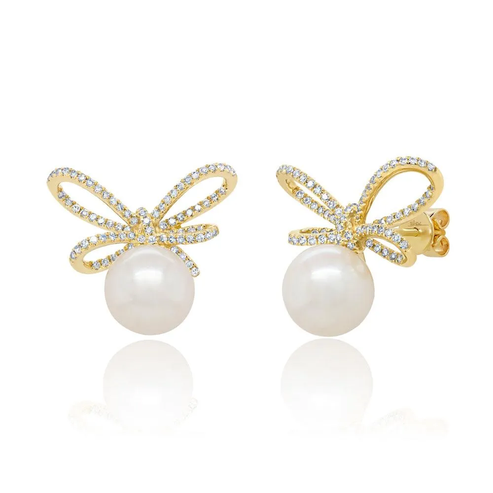 14k White Gold Pearl & Diamond Bow Stud Earrings