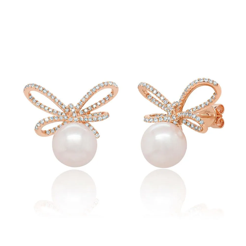 14k White Gold Pearl & Diamond Bow Stud Earrings