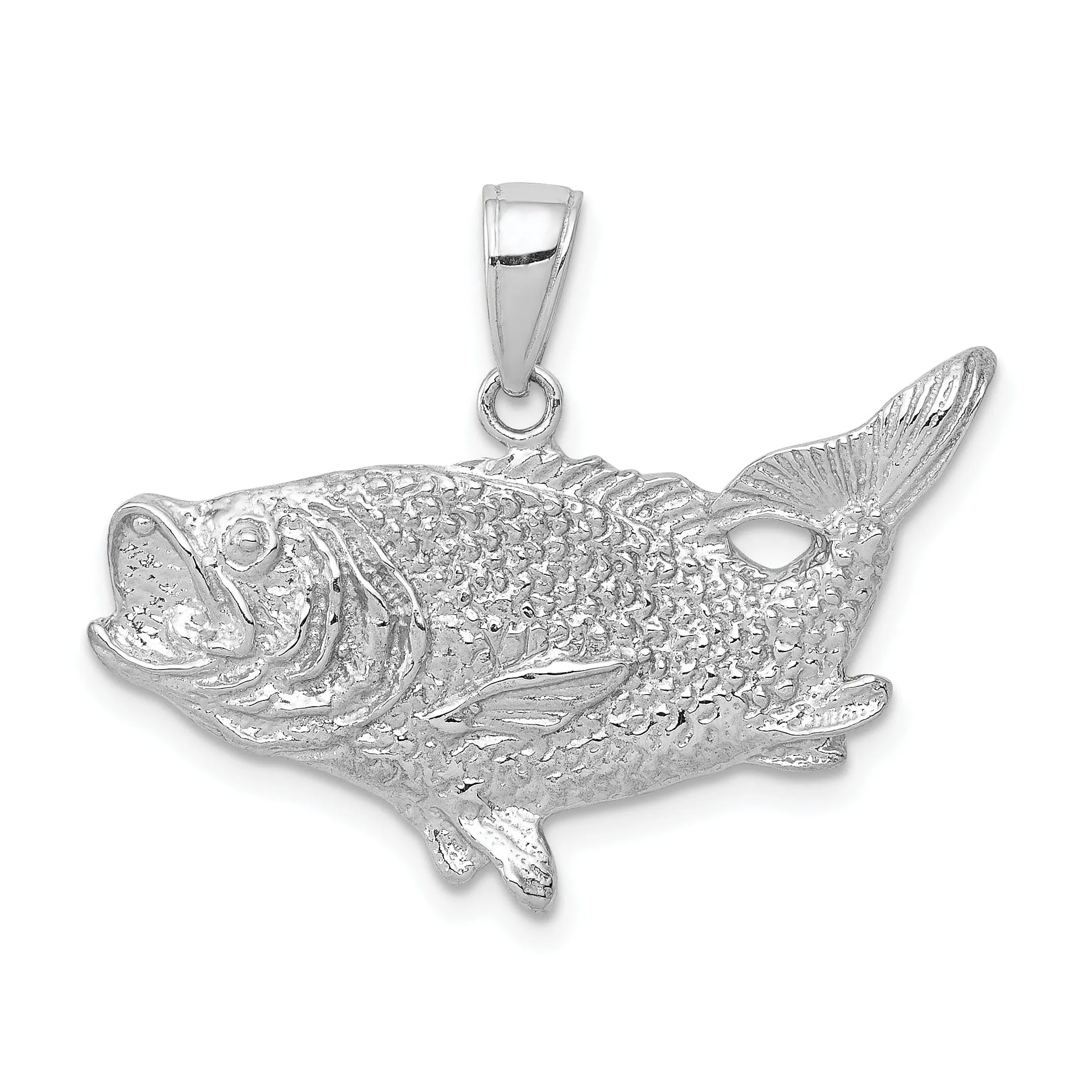 14k White Gold Solid Polished Textured Finish Open Back Bass Fish Charm Pendant