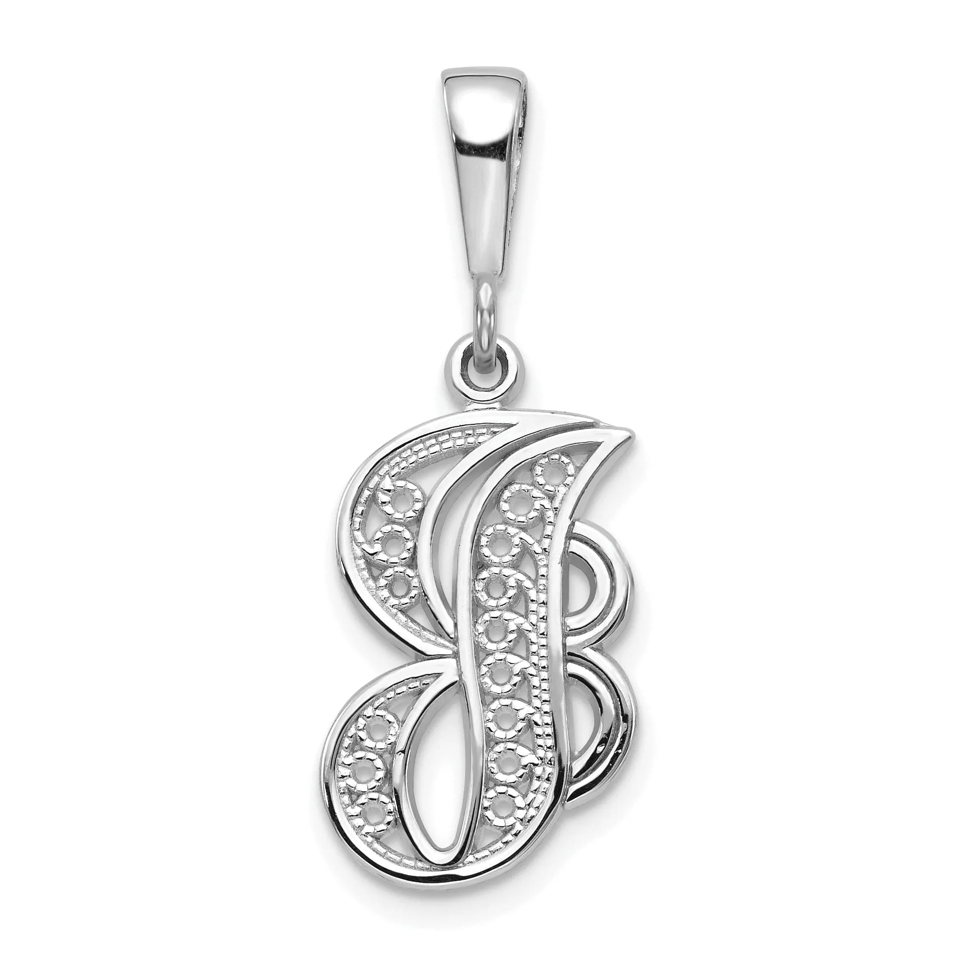 14K White GoldFancy Filigree Script Design Letter J Initial Pendant