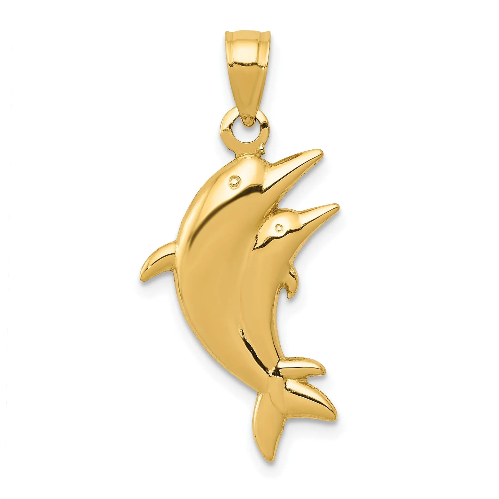 14k Yellow Gold Closed Back Polished Finish Two Dolphin Pair Swimming Back Wards Design Charm Pendant