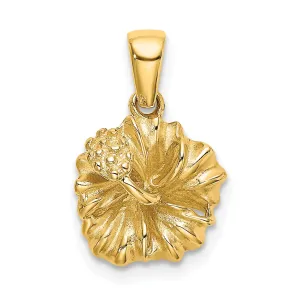 14k Yellow Gold Closed Back Textured Solid Polished Finish Hibiscus Flower Charm