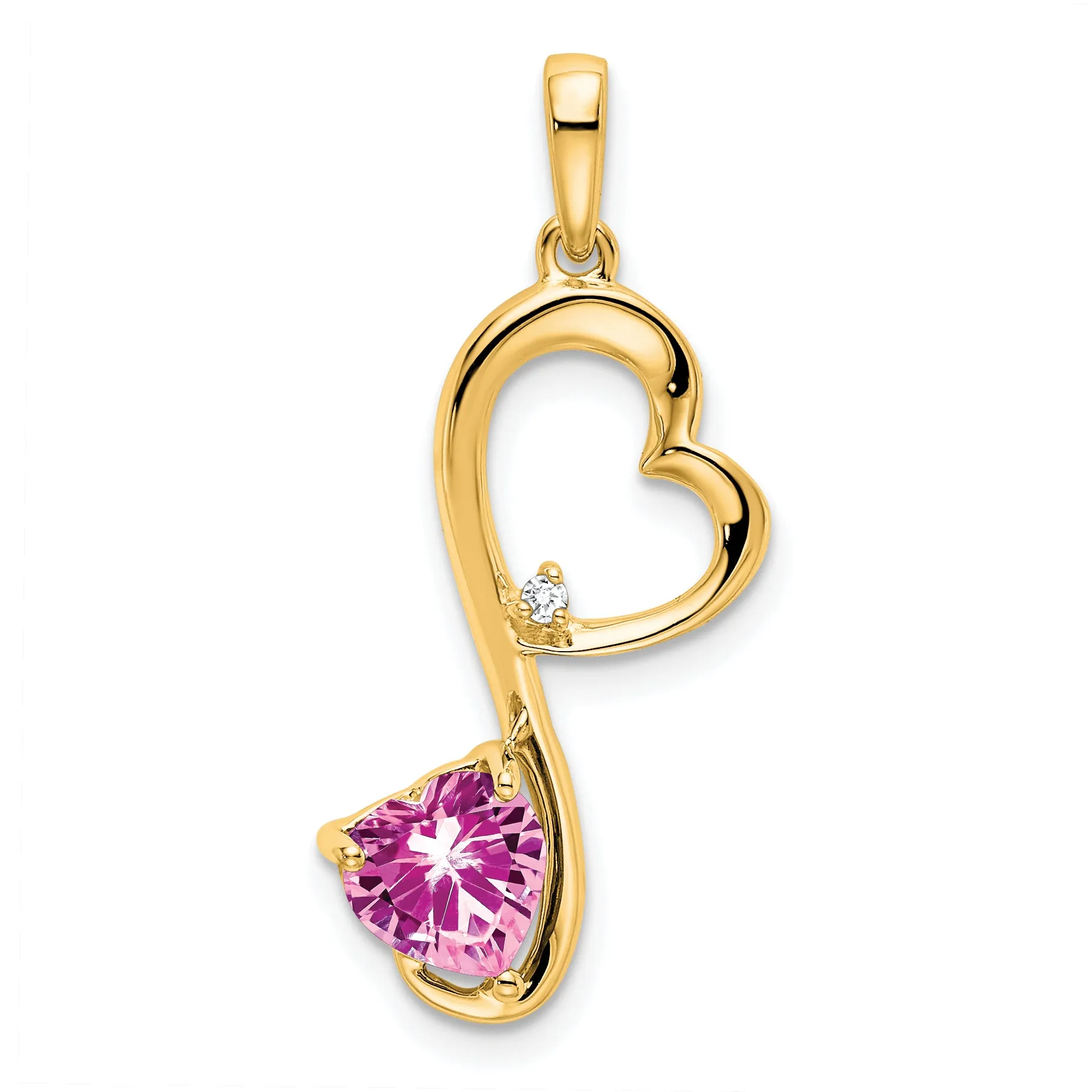 14k Yellow Gold Created Pink Sapphire Diamond Heart Pendant