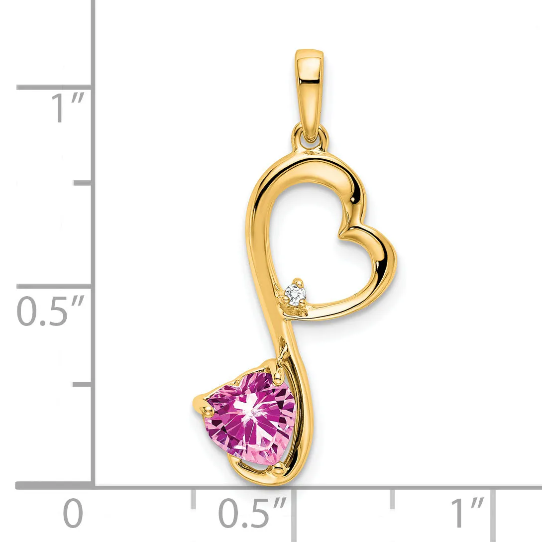 14k Yellow Gold Created Pink Sapphire Diamond Heart Pendant