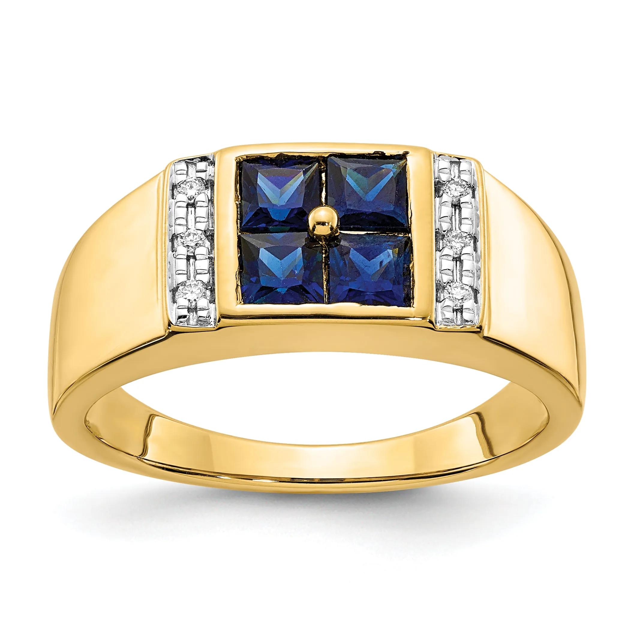 14k Yellow Gold Created Sapphire, Diamond Mens Ring