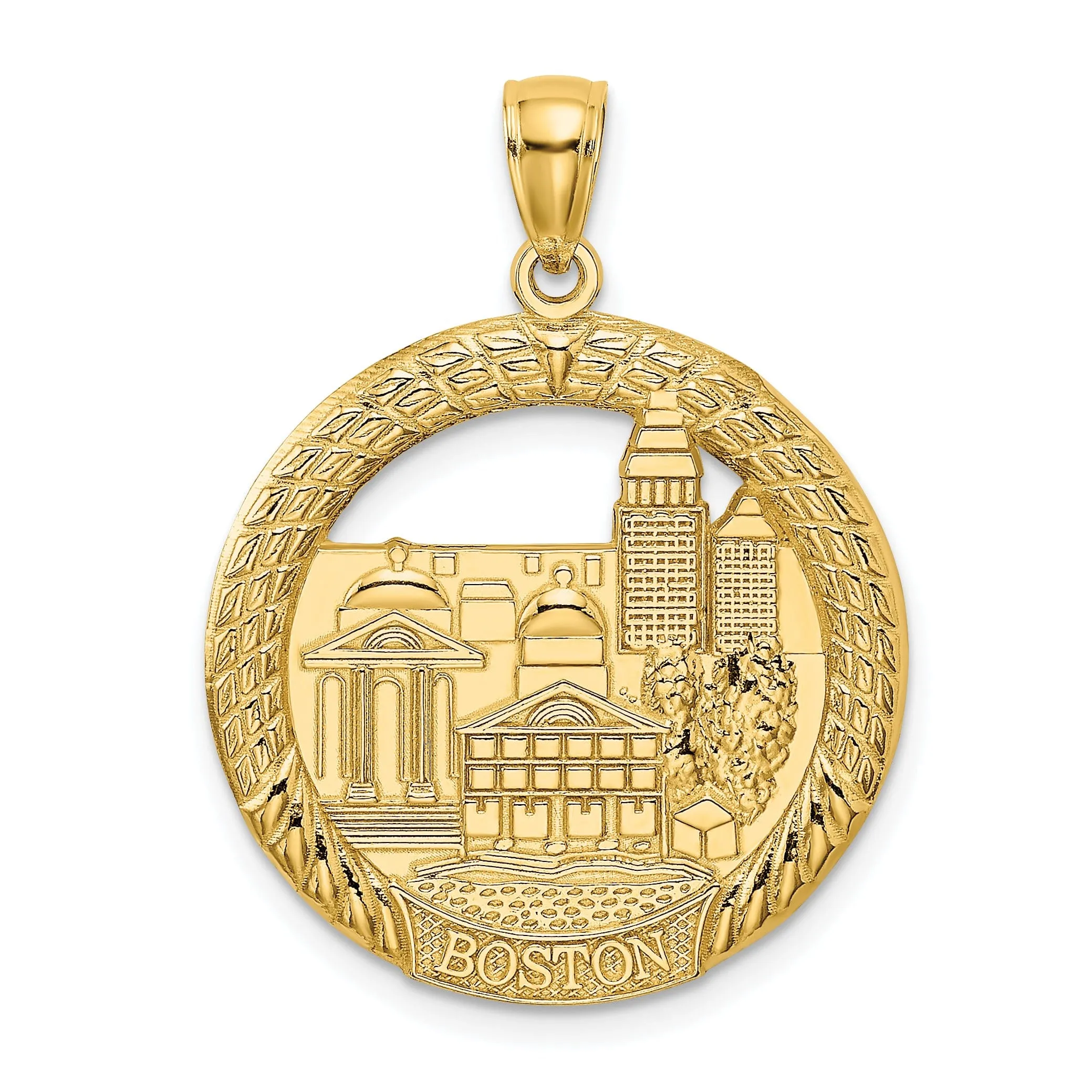 14K Yellow Gold Polished Textured Finish BOSTON Town Scene Round Shape Design Charm Pendant