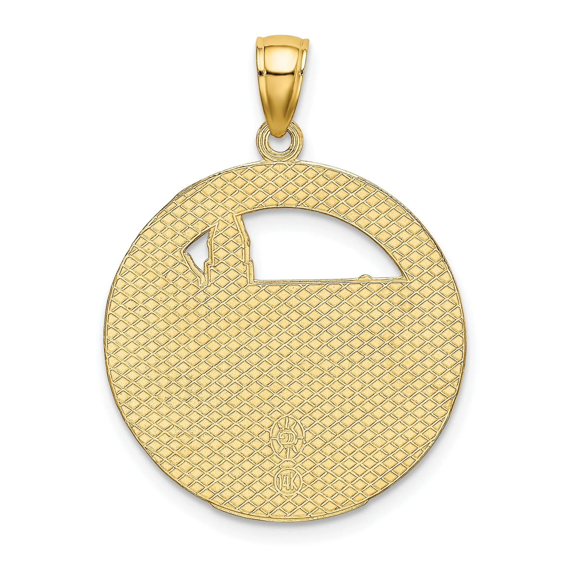 14K Yellow Gold Polished Textured Finish BOSTON Town Scene Round Shape Design Charm Pendant