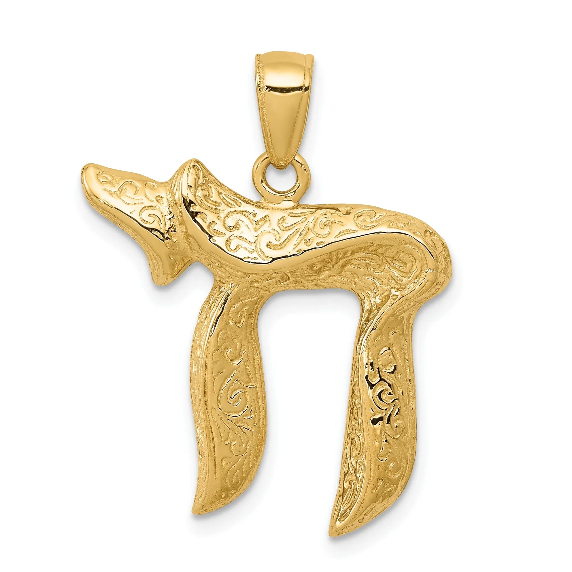 14k Yellow Gold Polished Textured Finish Chai Long Life Design Pendant