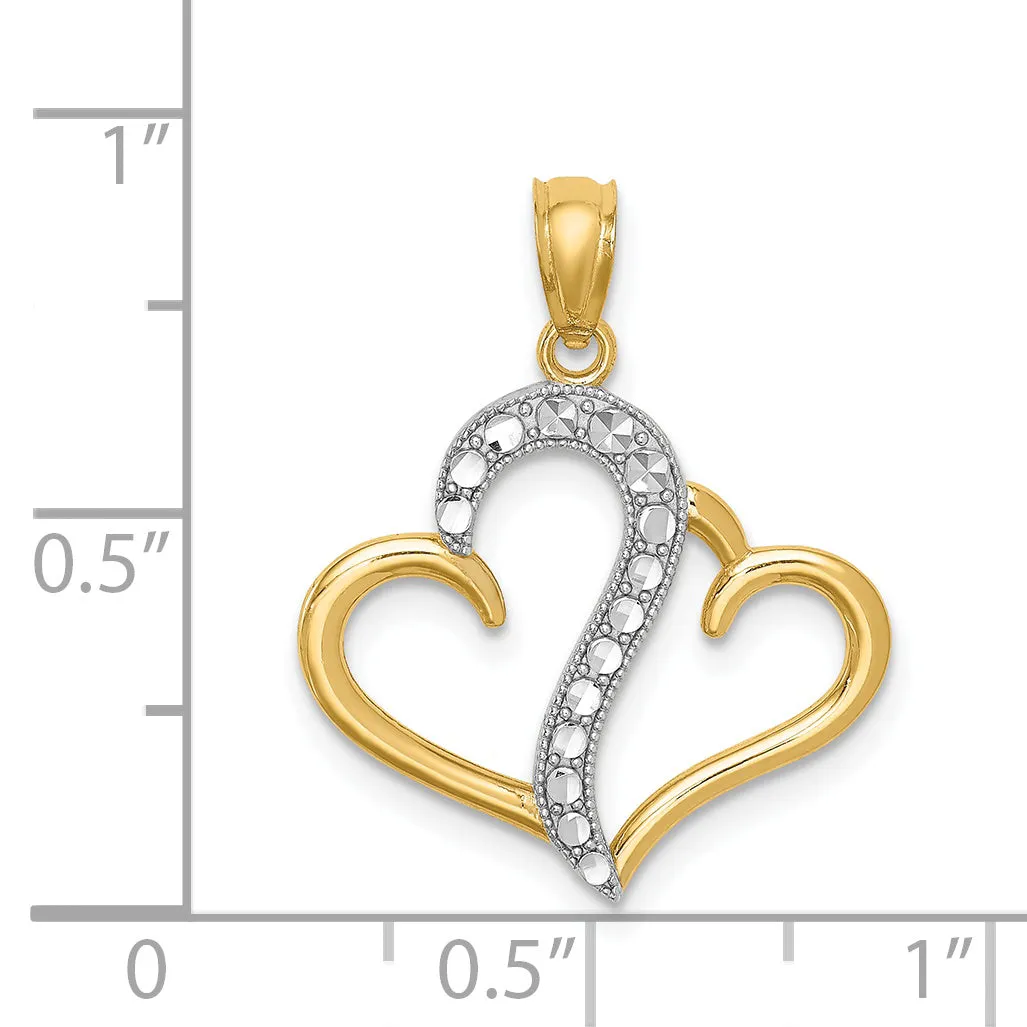 14k Yellow Gold Rhodium Polished Double Heart Pendant