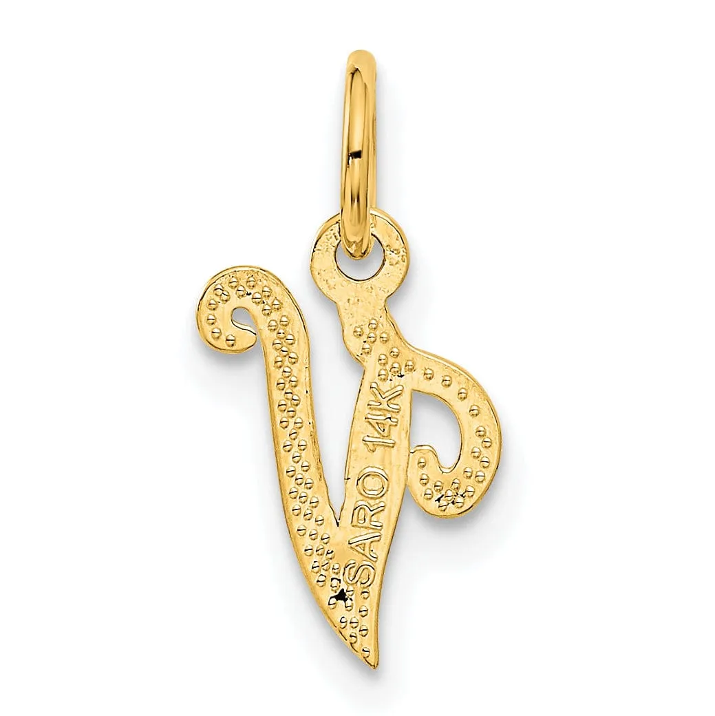 14K Yellow Gold Small Script Design Letter V Initial Charm Pendant