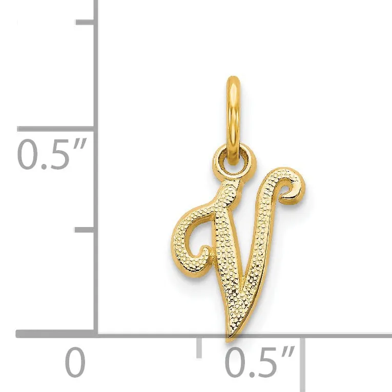 14K Yellow Gold Small Script Design Letter V Initial Charm Pendant