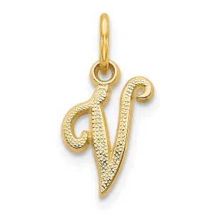 14K Yellow Gold Small Script Design Letter V Initial Charm Pendant