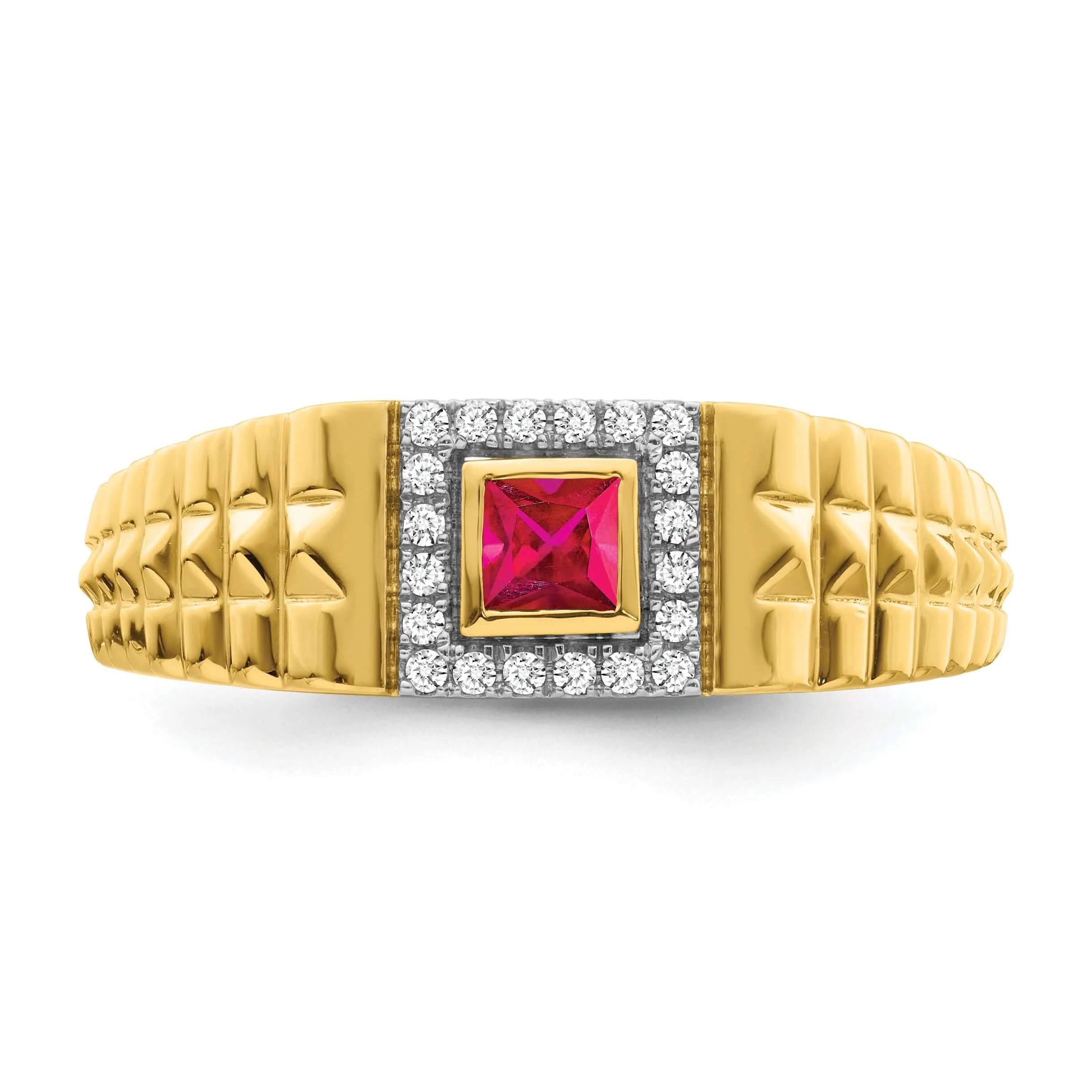 14k Yellow Gold Square Ruby and Diamond Mens Ring