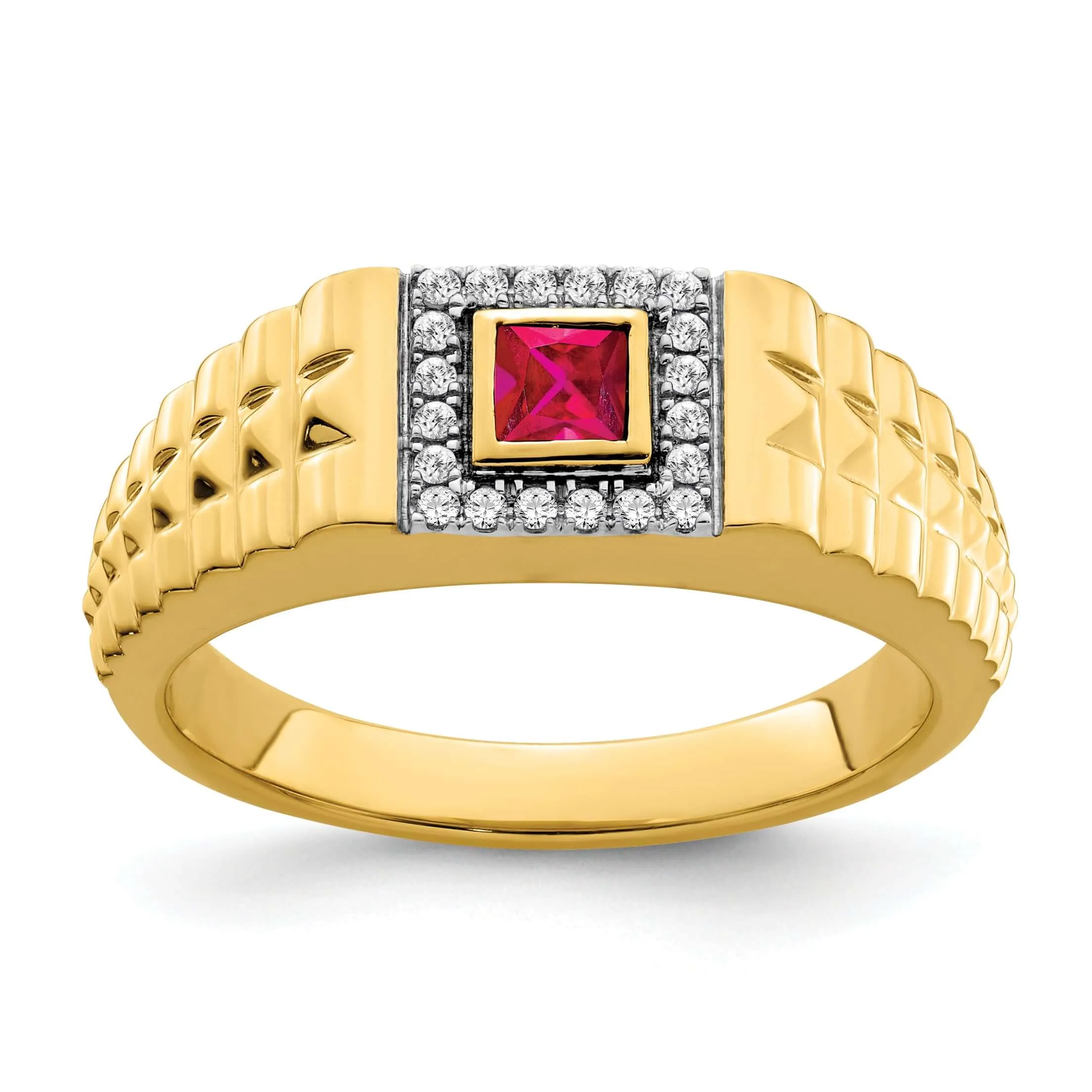 14k Yellow Gold Square Ruby and Diamond Mens Ring