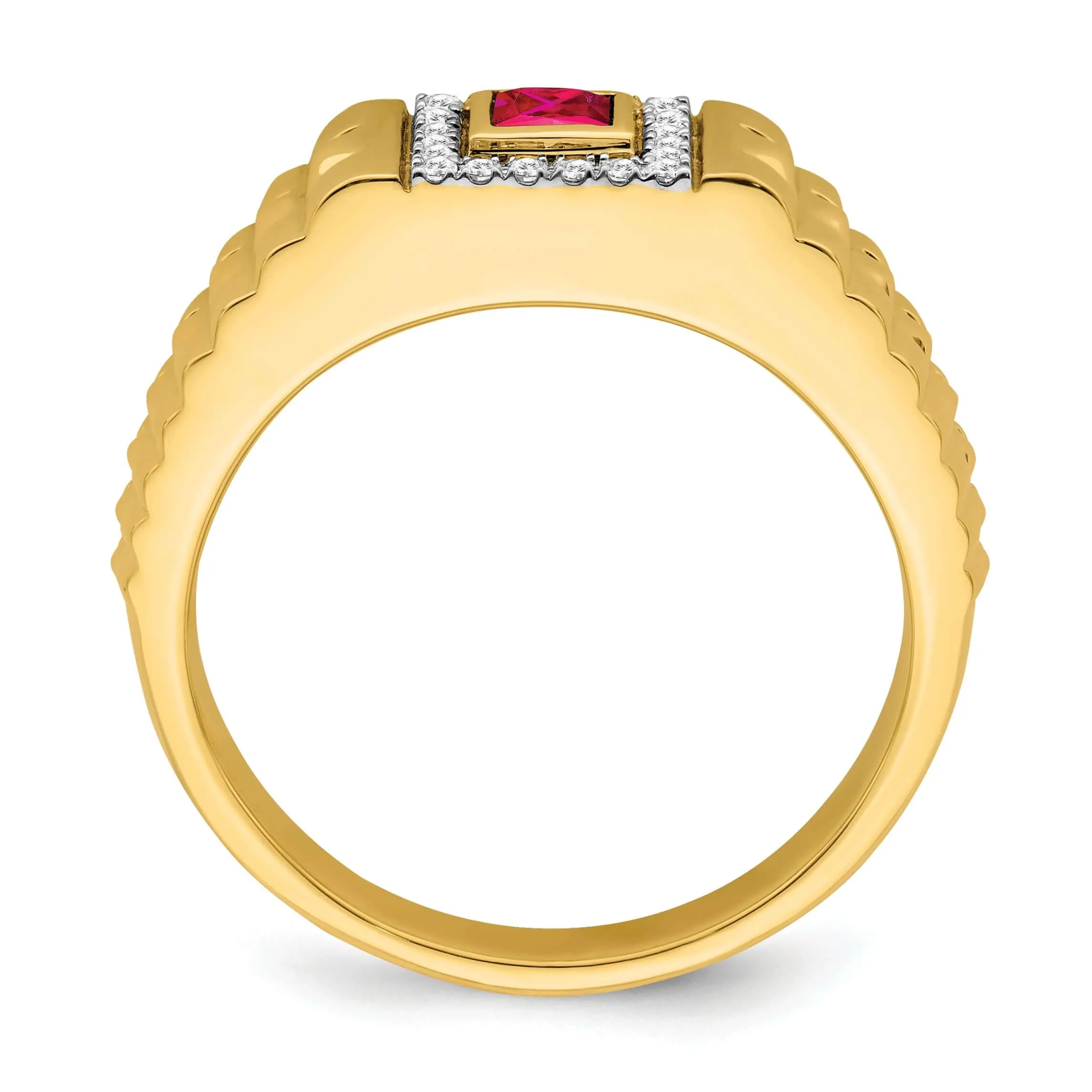 14k Yellow Gold Square Ruby and Diamond Mens Ring