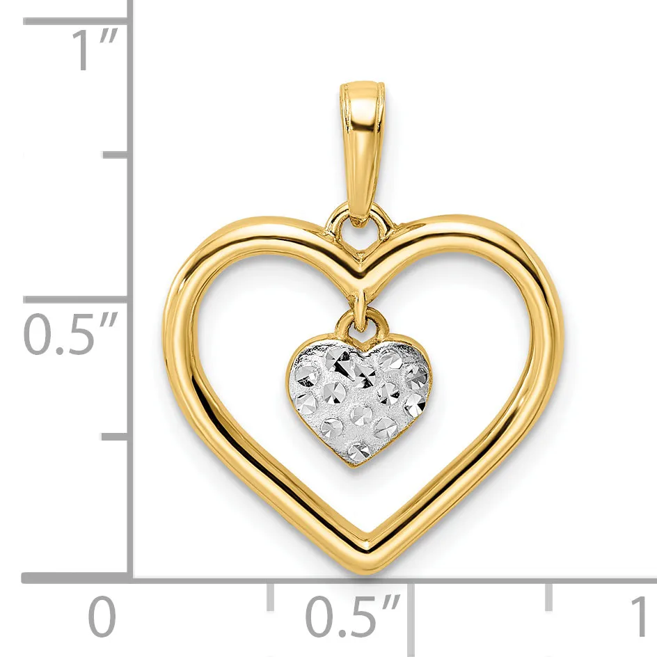 14k Yellow Gold White Rhodium D.C Heart Dangle Heart Pendant