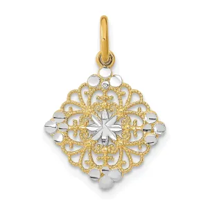 14K Yellow Gold, White Rhodium Polished Diamond Cut Finish Filigree Medallion Design Pendant