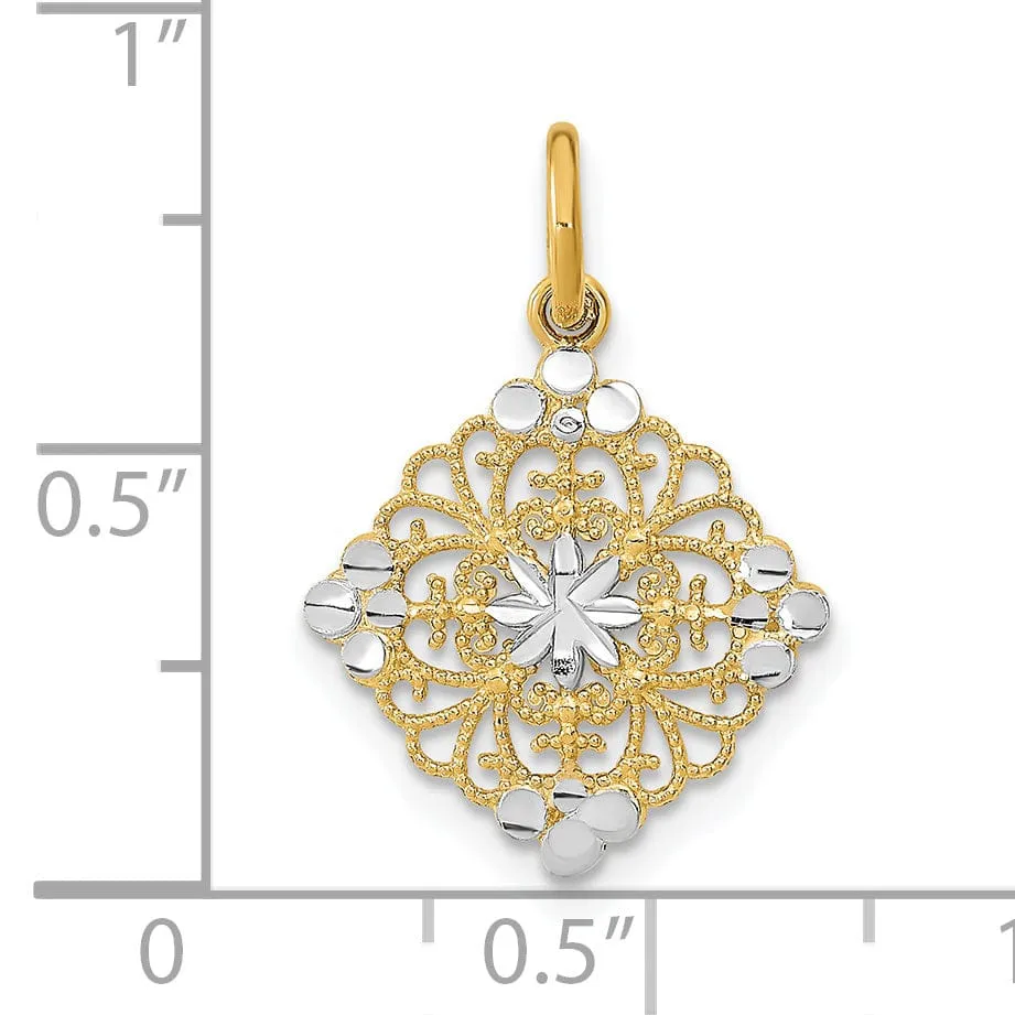 14K Yellow Gold, White Rhodium Polished Diamond Cut Finish Filigree Medallion Design Pendant