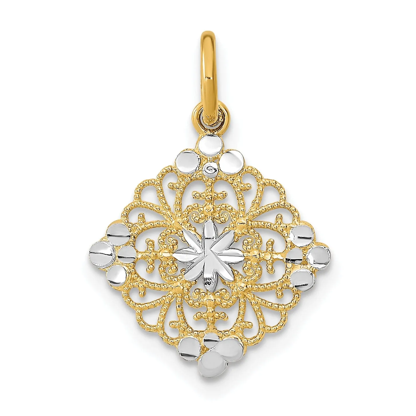 14K Yellow Gold, White Rhodium Polished Diamond Cut Finish Filigree Medallion Design Pendant