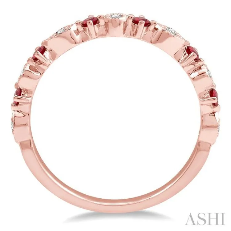 1.80 MM Round Cut Ruby and 1/20 Ctw Round Cut Diamond Precious Half Eternity Wedding Band in 14K Rose Gold