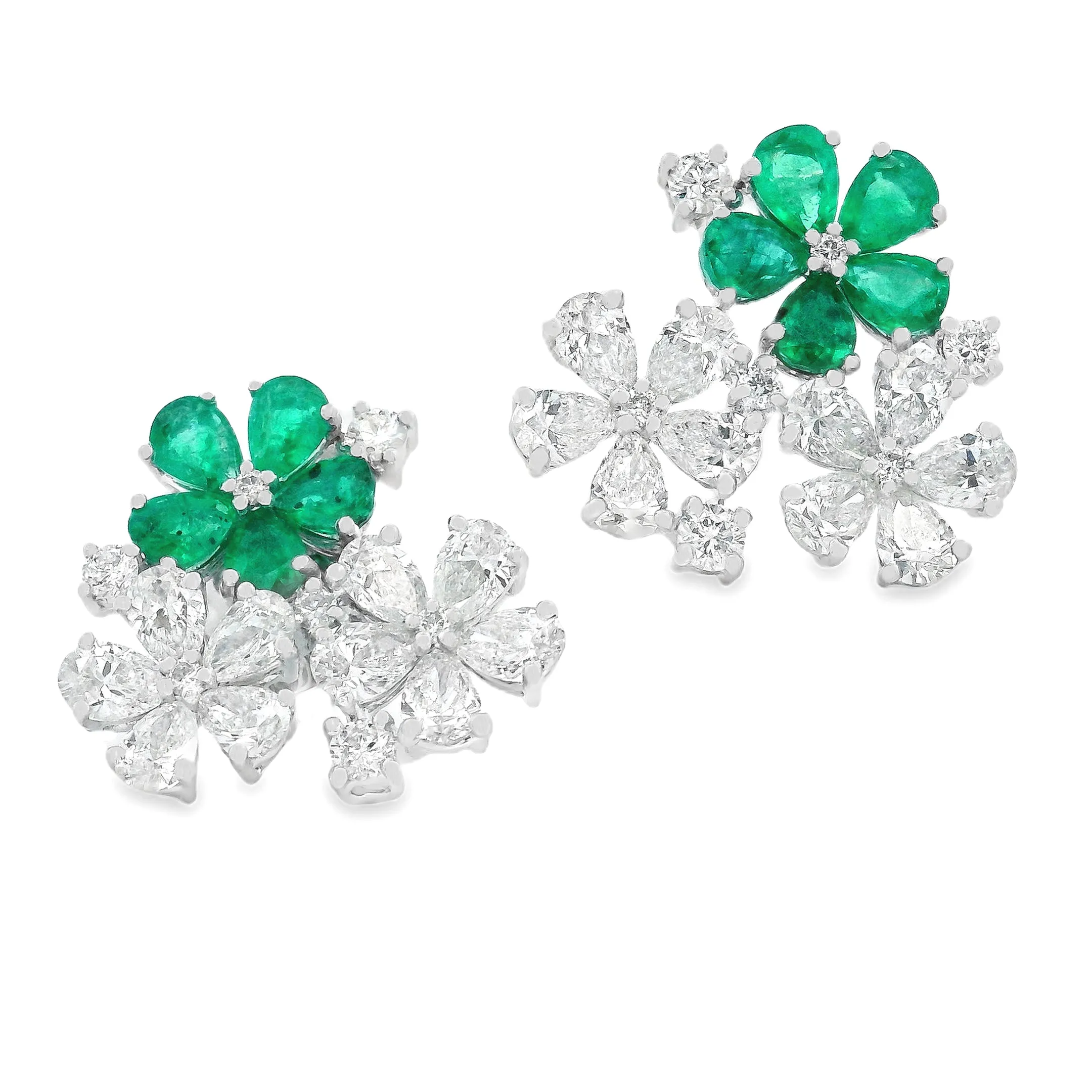 18k White Gold Diamond and Emerald Flower Earrings