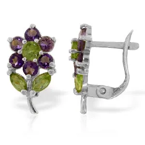 2.12 Carat 14K Solid White Gold Flowers Stud Earrings Amethyst Peridot