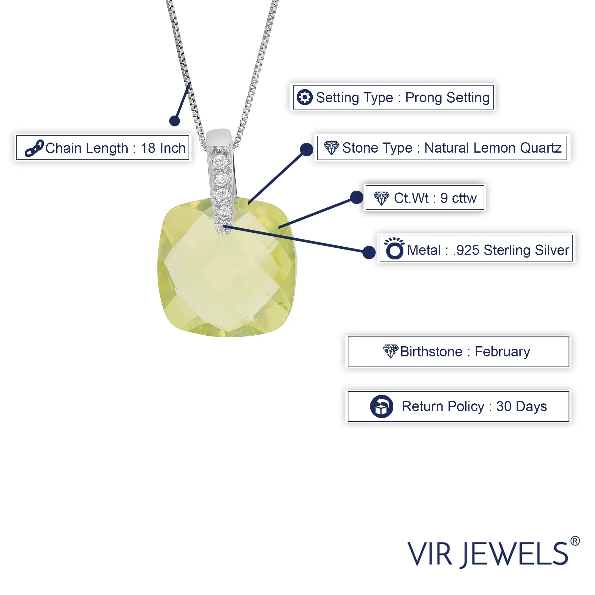 8 cttw Pendant Necklace, Lemon Quartz Oval Pendant Necklace for Women in .925 Sterling Silver with Rhodium Plating, 18 Inch Chain, Prong Setting