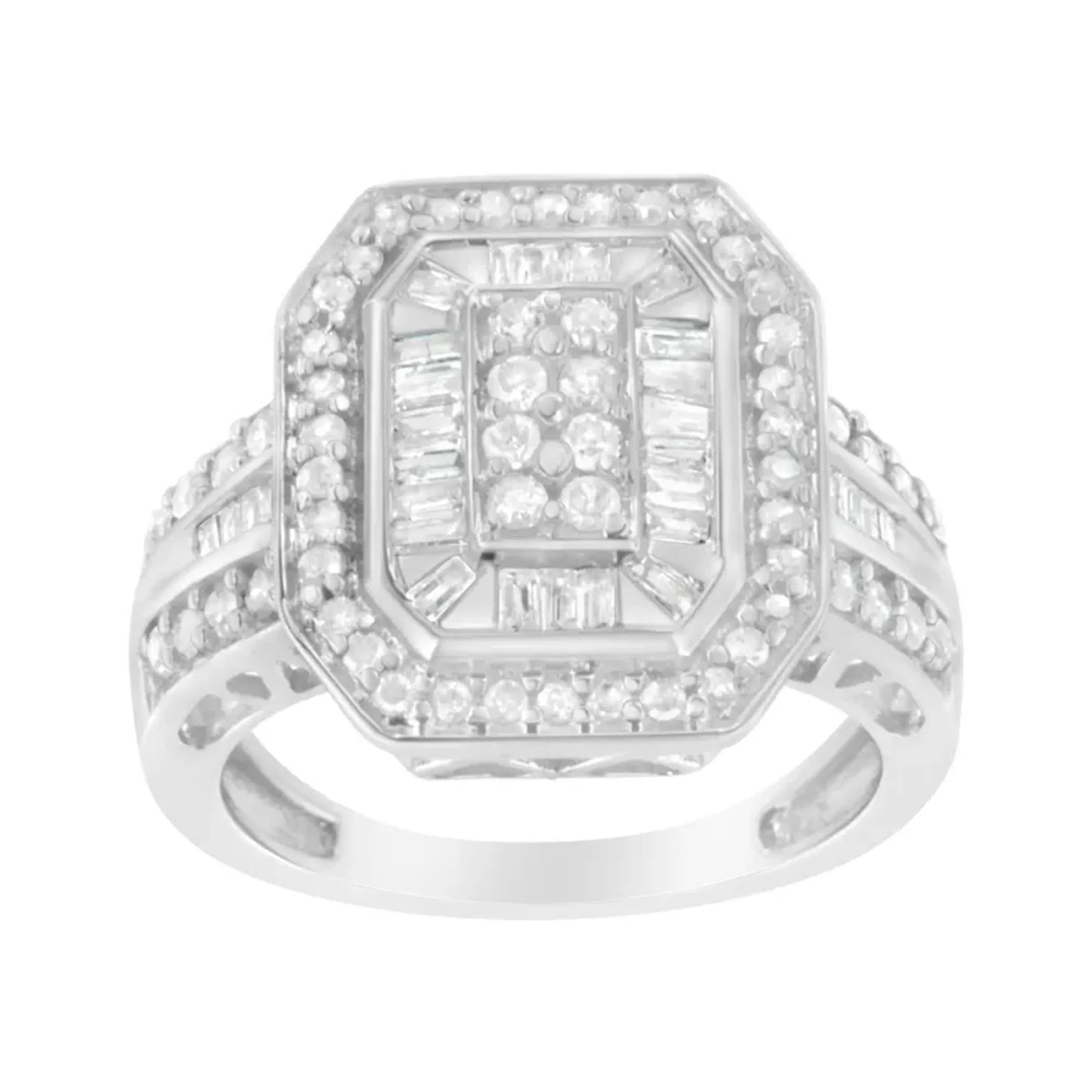 .925 Sterling Silver Round and Baguette Diamond Cathedral Ring (0.75 Cttw, H-I Color, I2-I3 Clarity)