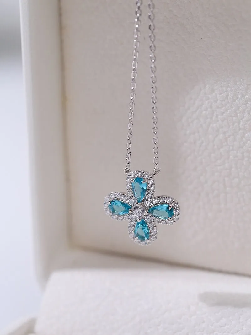 925 Sterling Silver Sky Blue Four-Leaf Clover Necklace