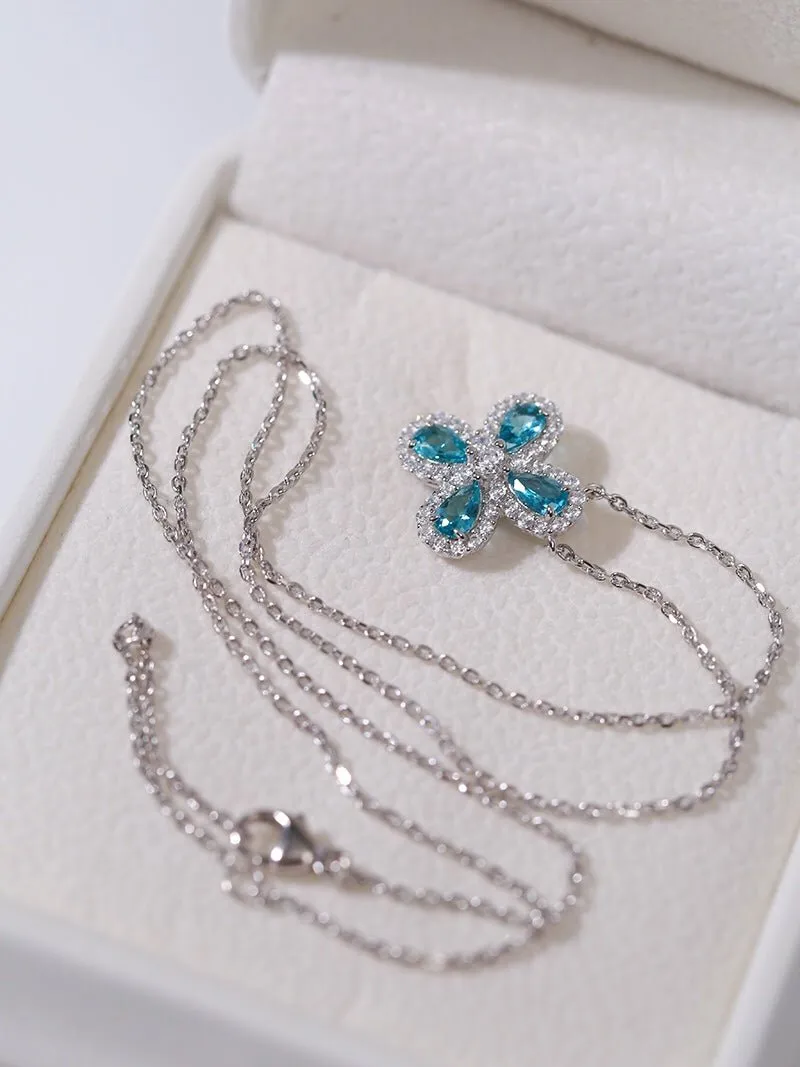 925 Sterling Silver Sky Blue Four-Leaf Clover Necklace