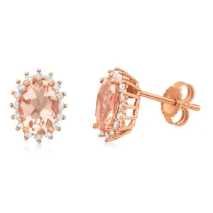 9ct Rose Gold Diamond   7x5mm Morganite Cluster Stud Earrings