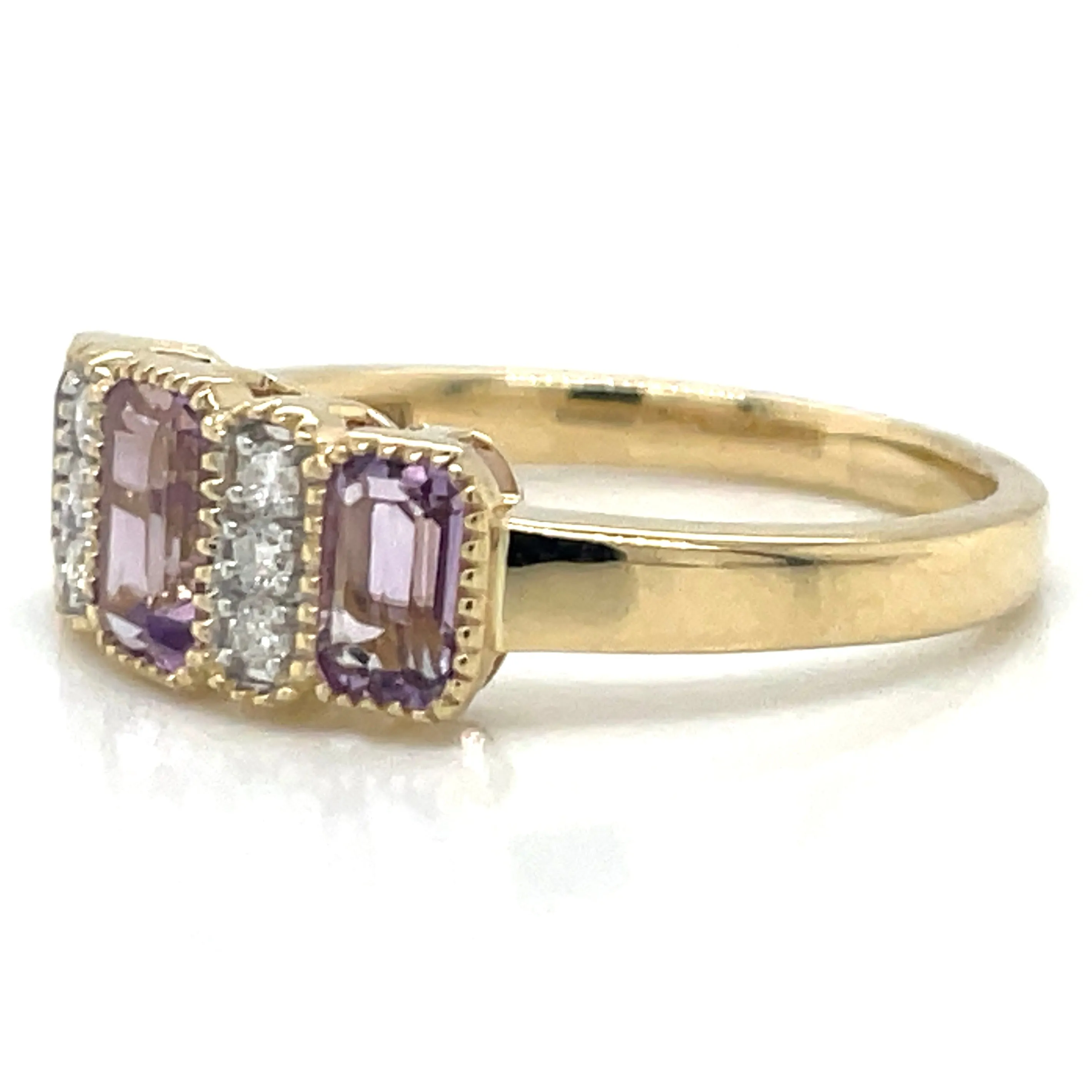 9ct White Gold Earth Grown 1.20ct Emerald Cut Purple Amethyst Trio & Diamond Ring