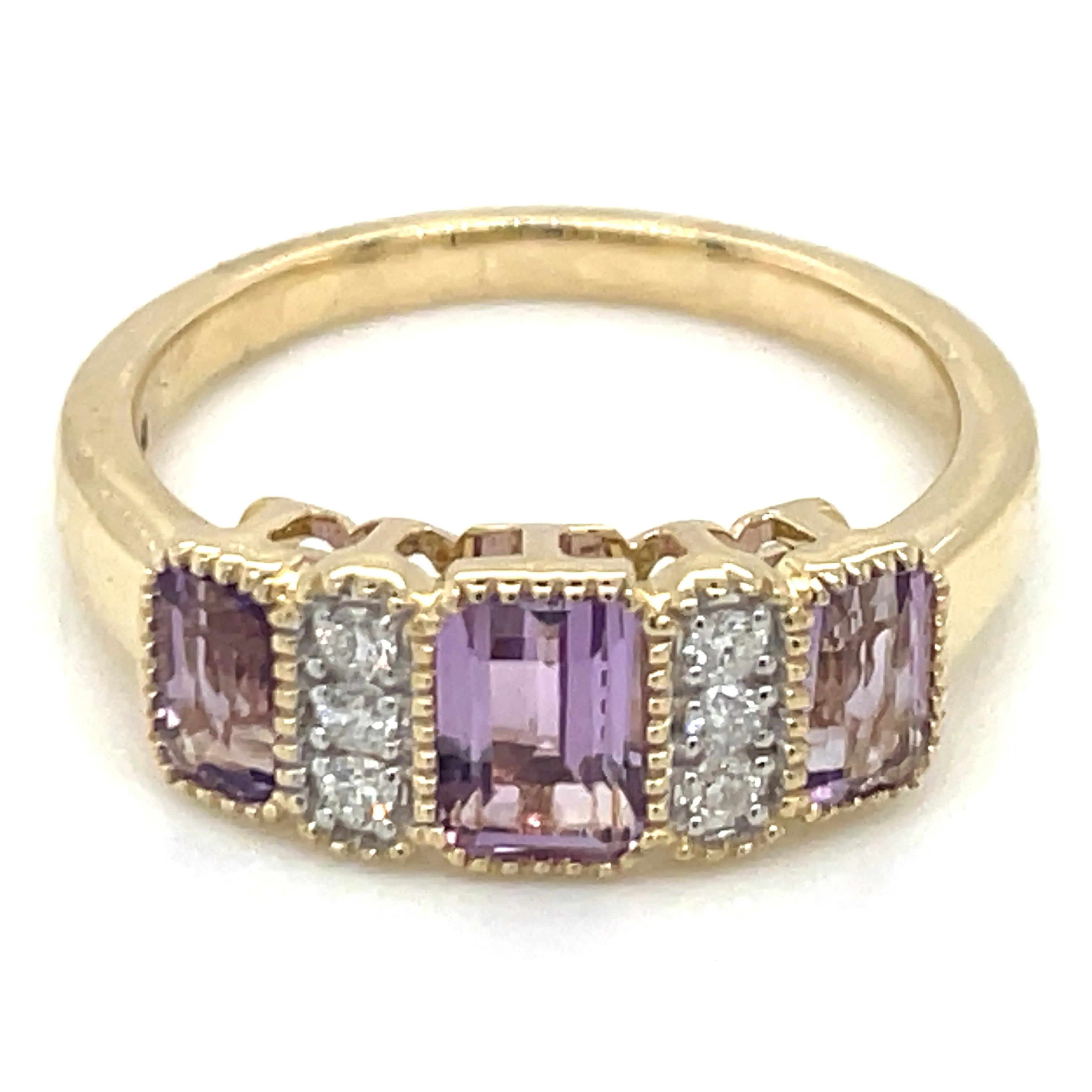 9ct White Gold Earth Grown 1.20ct Emerald Cut Purple Amethyst Trio & Diamond Ring