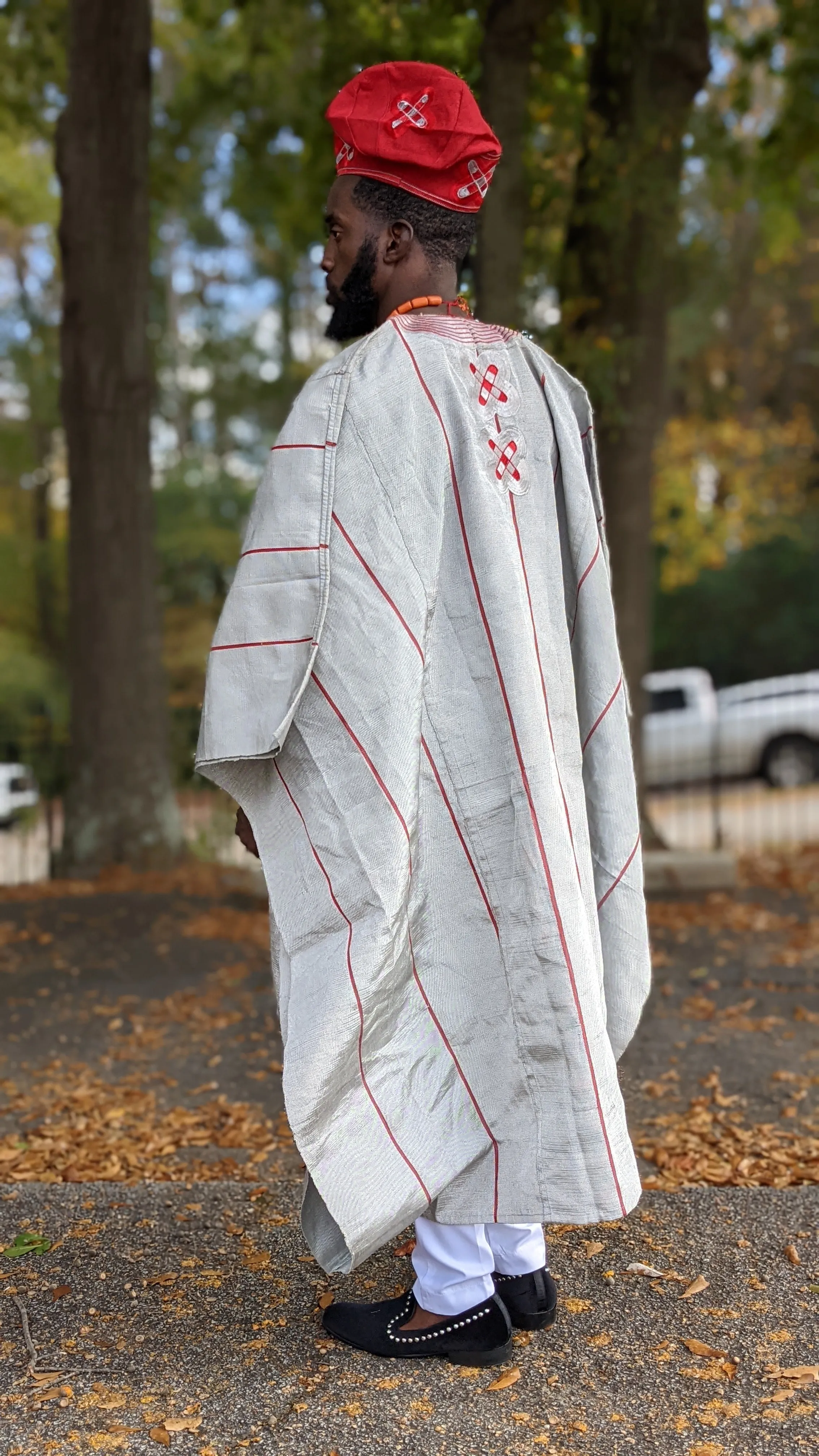 Adejobi Grey and Red Aso Oke Grand boubou African Agbada Robe - DPAGR20