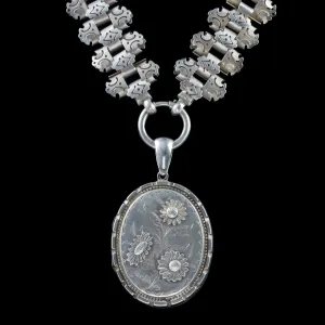 Antique Victorian Floral Silver Locket Collar Necklace Circa 1880