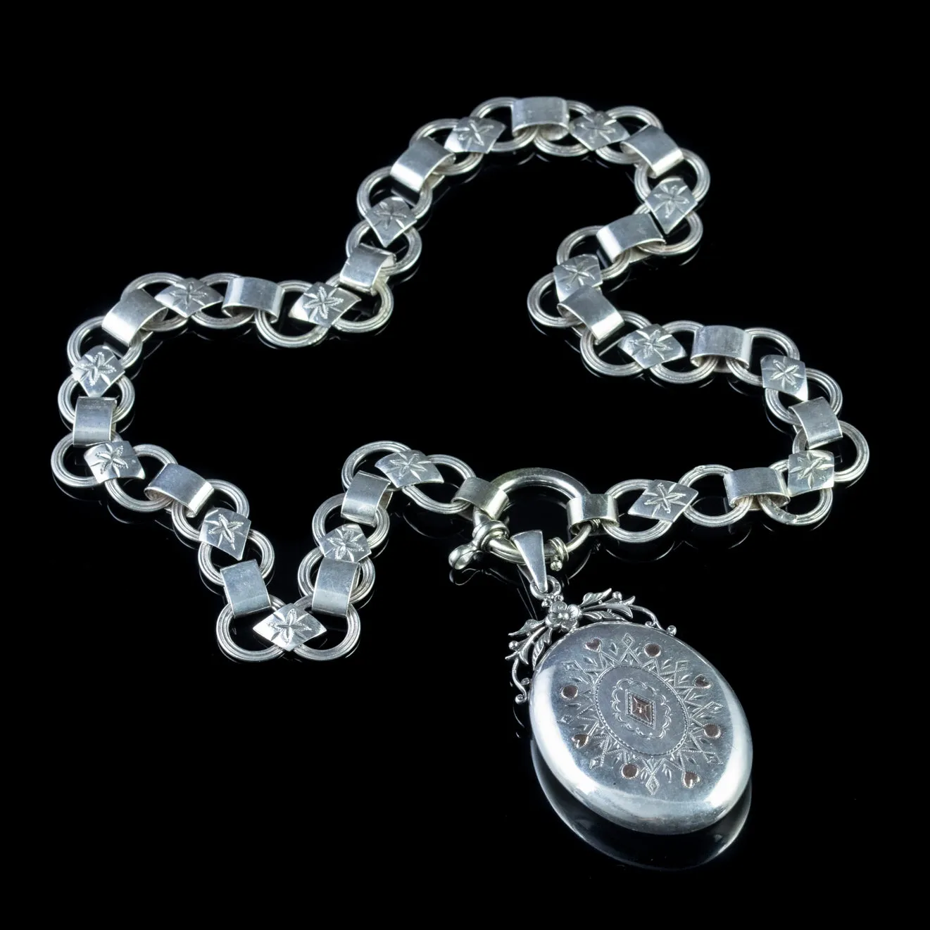 Antique Victorian Silver Locket Collar Necklace Circa 1880