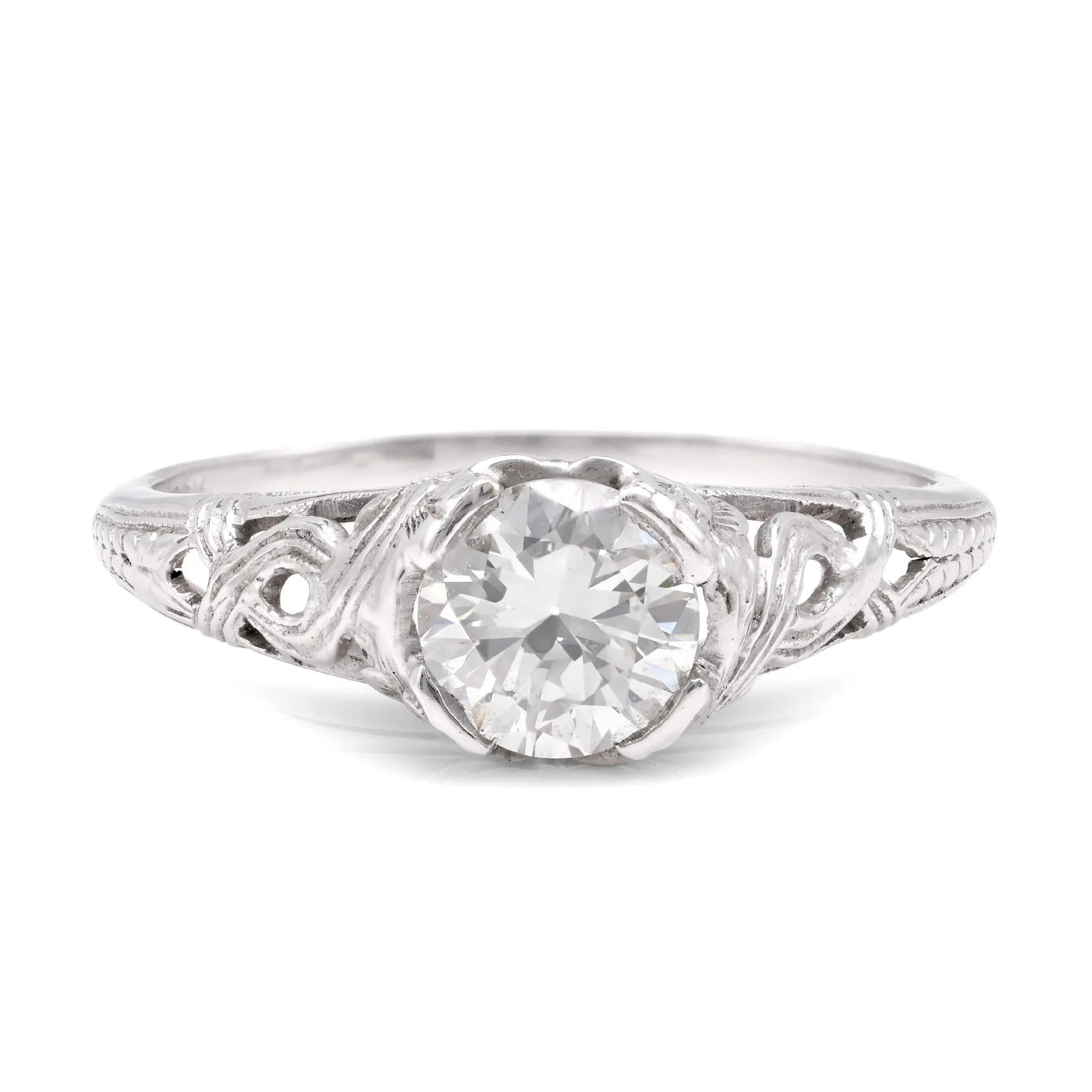 Art Deco Diamond 18K White Gold Filigree Engagement Ring