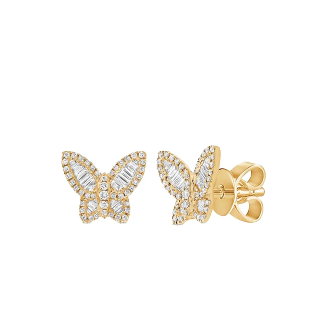 Baguette and Round Brilliant Cut Diamond Butterfly Stud Earrings